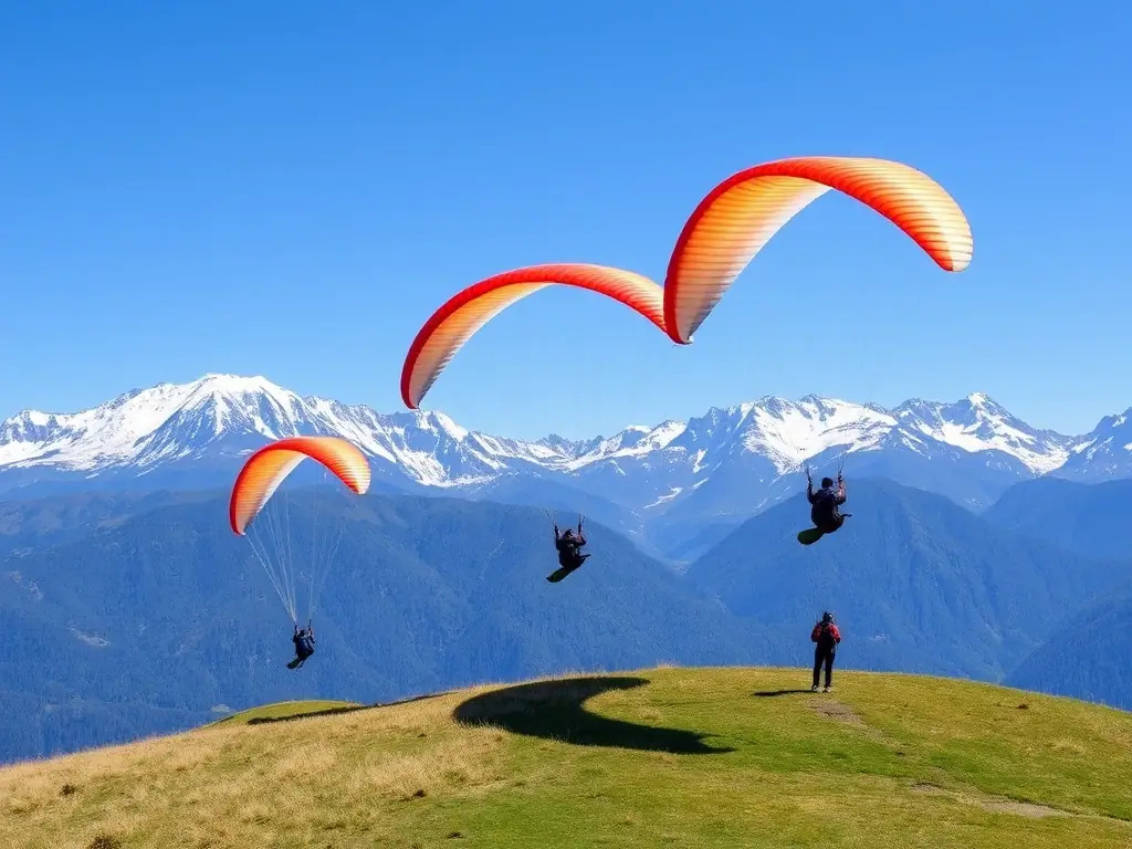 A dynamic image showing a group of paragliders launching from a grassy hilltop in the Victorian Alps, with snow-capped mountains visible in the distance. The sky is clear and blue, indicating ideal alpine flying conditions.